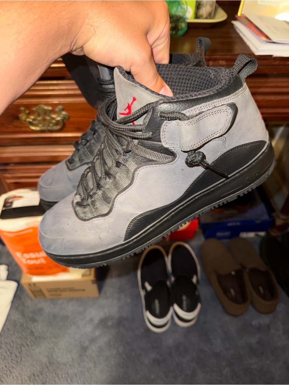 Jordan Men's Gray and Black High-Top Sneakers with Red Jumpman